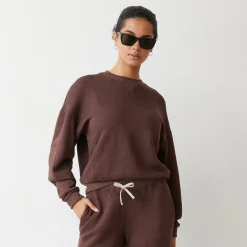 MONROW Teddy Fleece Crew Neck Sweatshirt DARKOAK Fashion